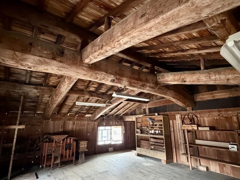 小屋組みを見上げる見ごたえのある丸太梁